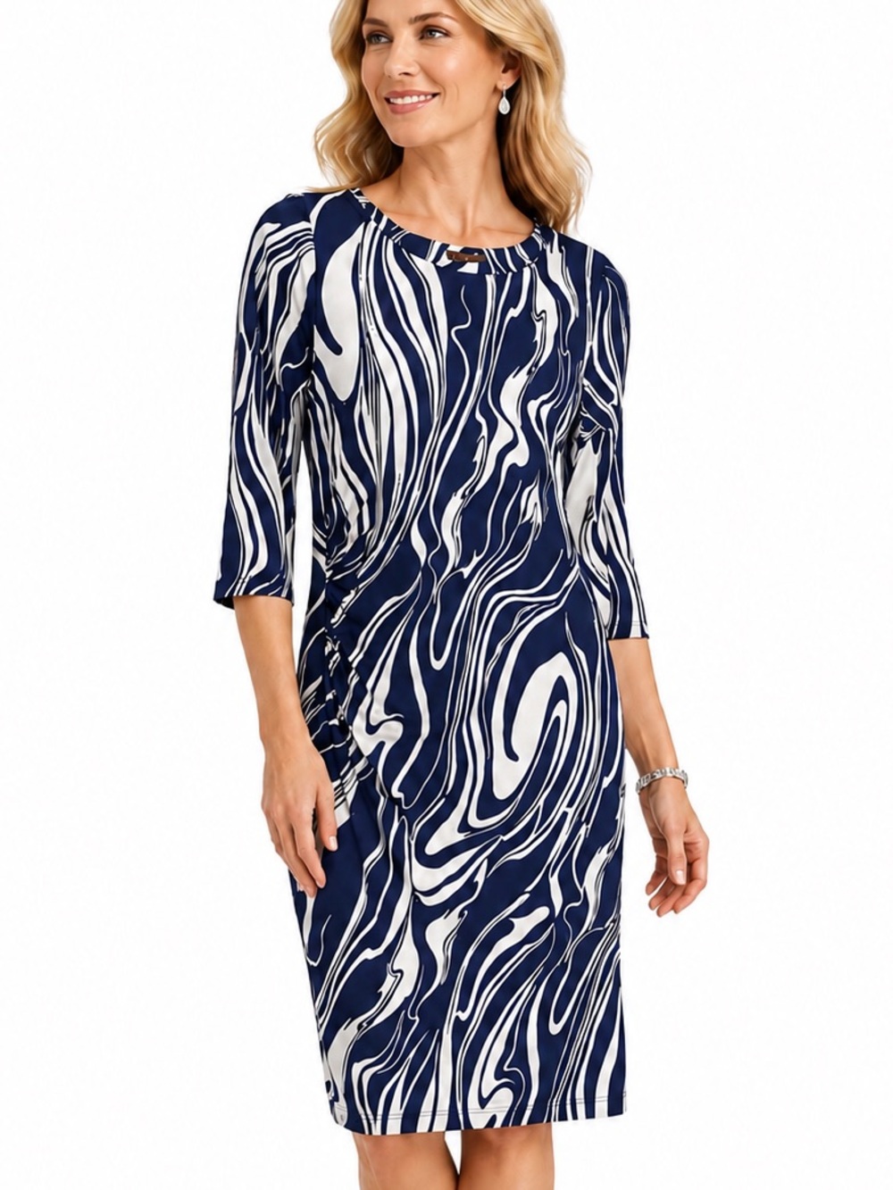 J.McLaughlin Catalina Cloth Abstract Print Ruched Sheath Dress Small Navy Blue